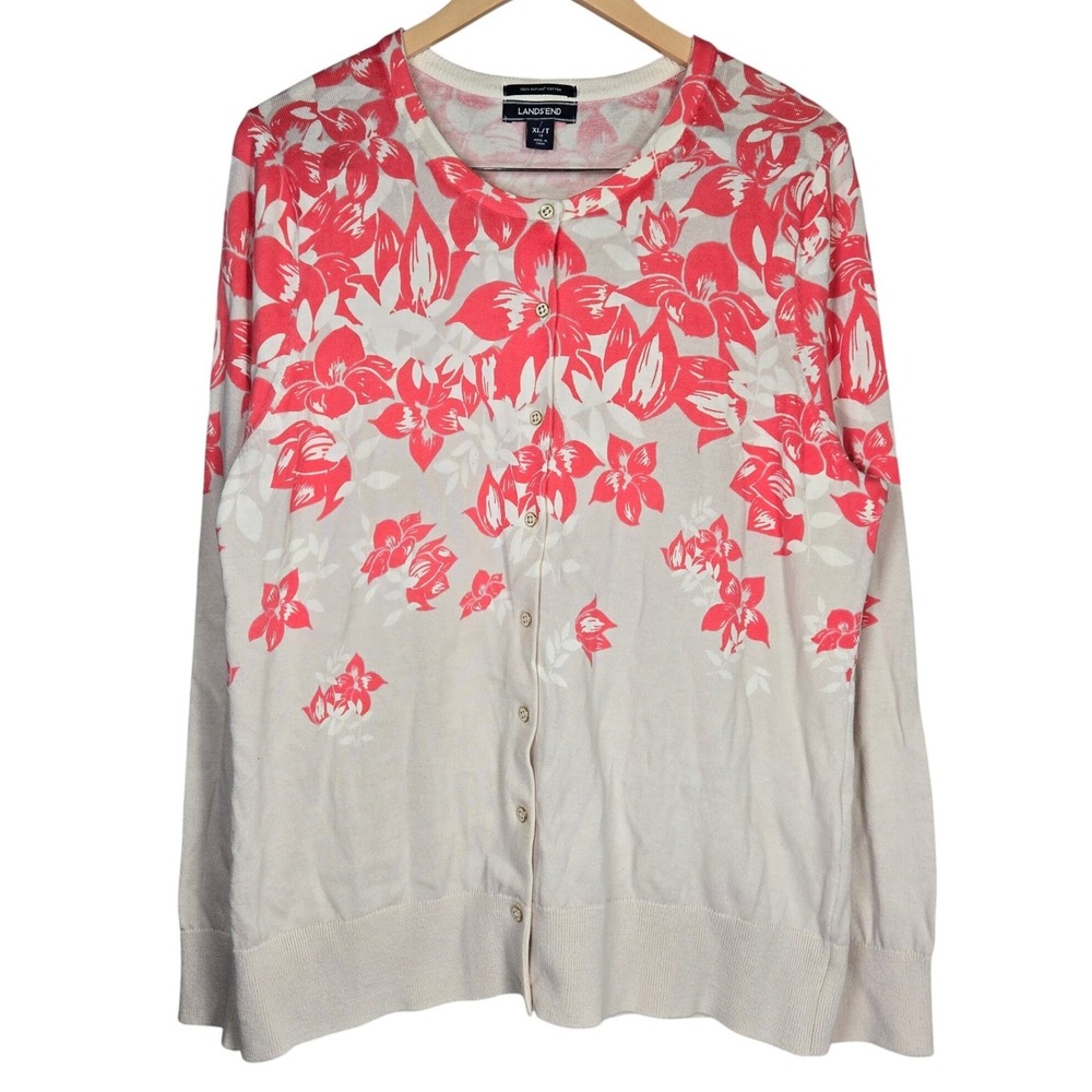 Lands End‎ Womens XL Tall Cardigan Sweater Pink Floral Supima Cotton 475344